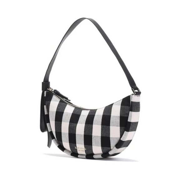 Kate Spade Smile Shoulder Bag Black Gingham Small Leather Fabric Zip Top White - Picture 2 of 10